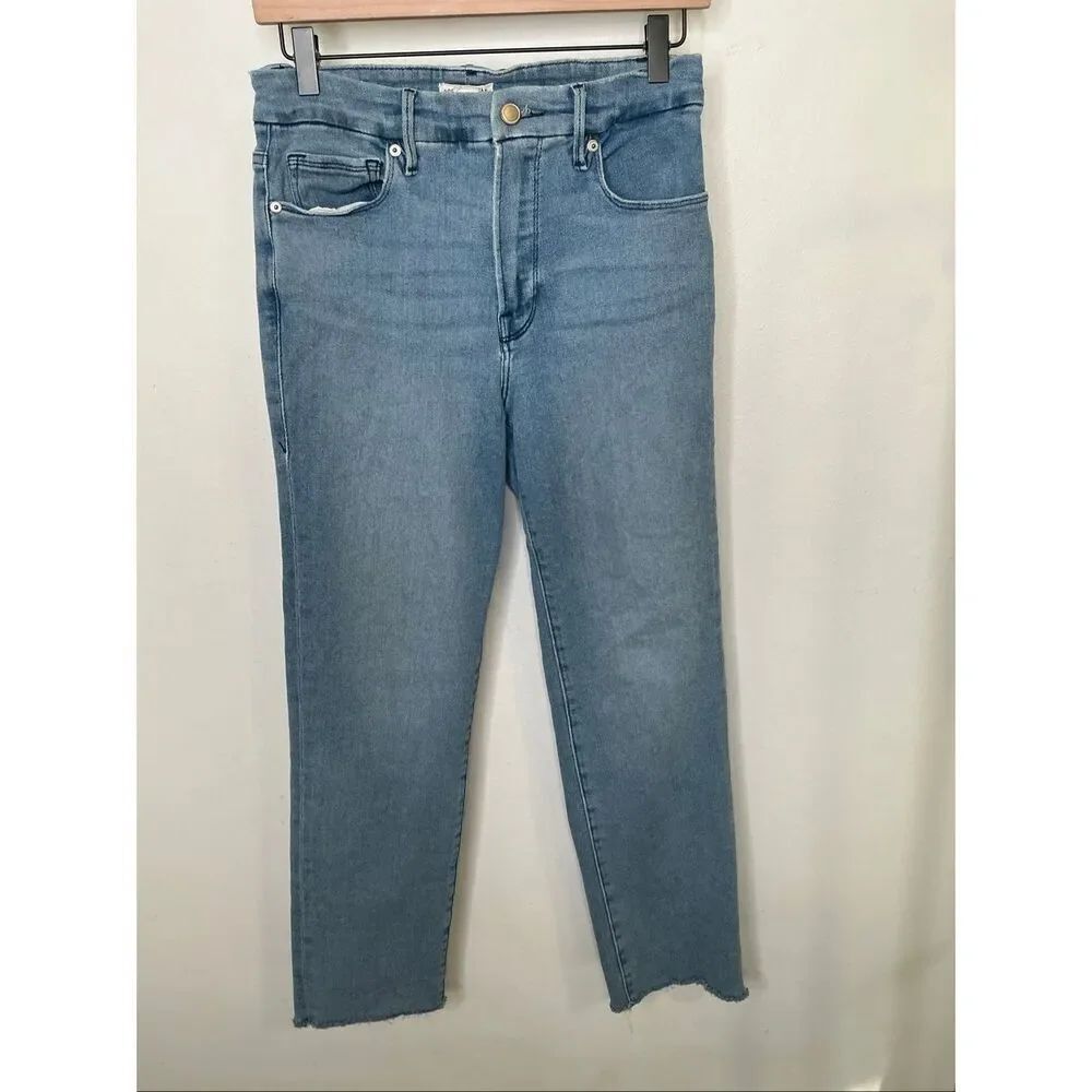 Good American Straight Leg Raw Hem Jeans | Blue in 8/29